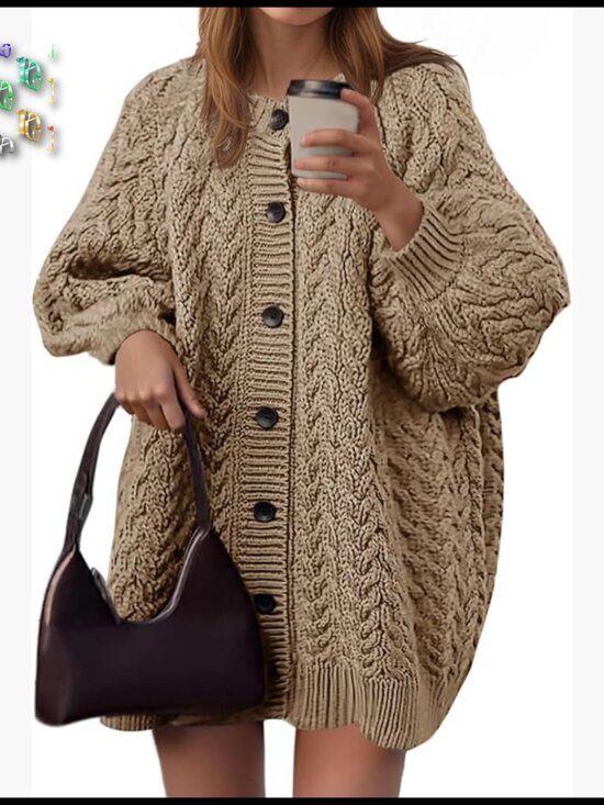 Oversized Cable Knit Cardigan Chunky Lantern Sleeve Crew Neck Sweater Dress
